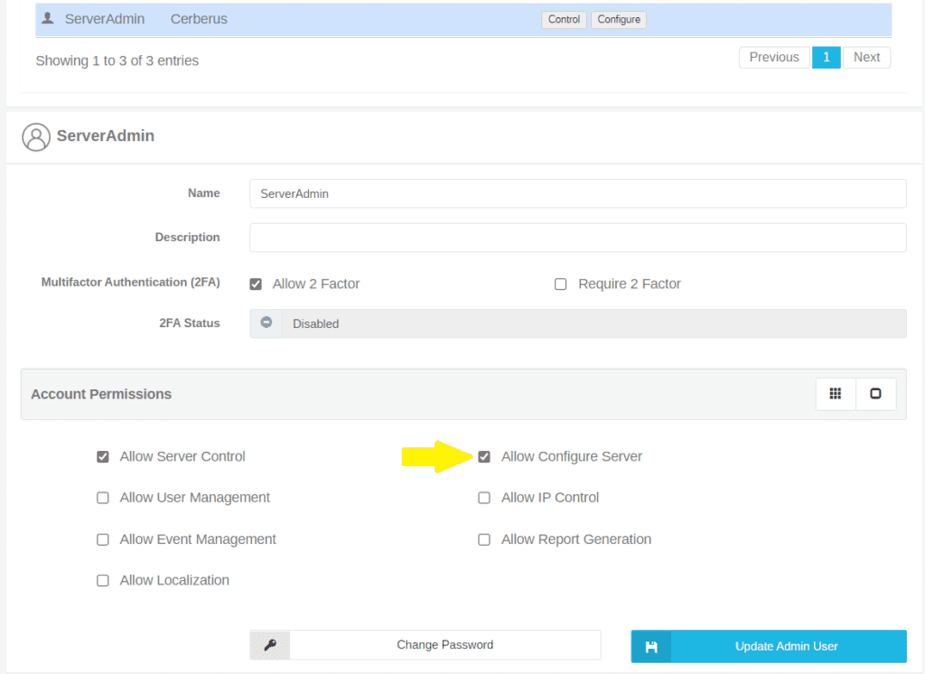 Image of the Administrator Permissions area, highlighting the "Allow Configure Server" checkbox. This permission is required for an administrator to make message acknowledgement changes.