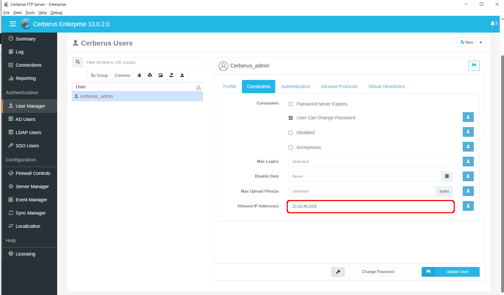 IP Address Range in CIDR in User Management