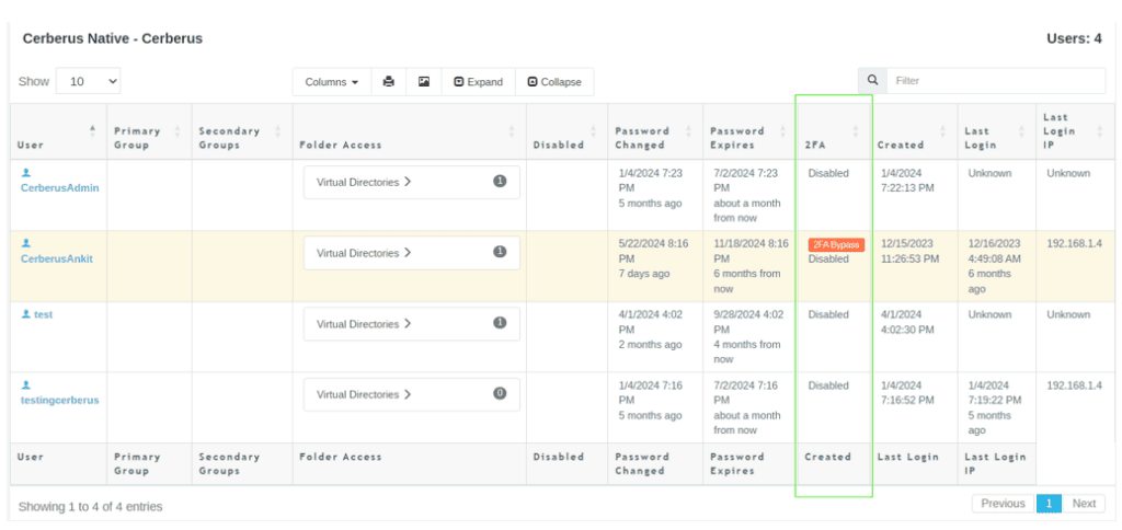 Cerberus FTP Server Account Report Page